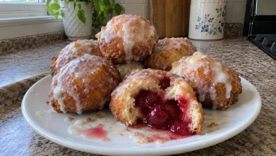 Pile of glazed cherry pie bombs on a plate with one broken open and cherry filling oozing