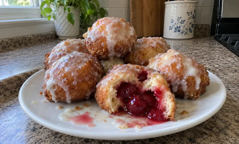 Pile of glazed cherry pie bombs on a plate with one broken open and cherry filling oozing