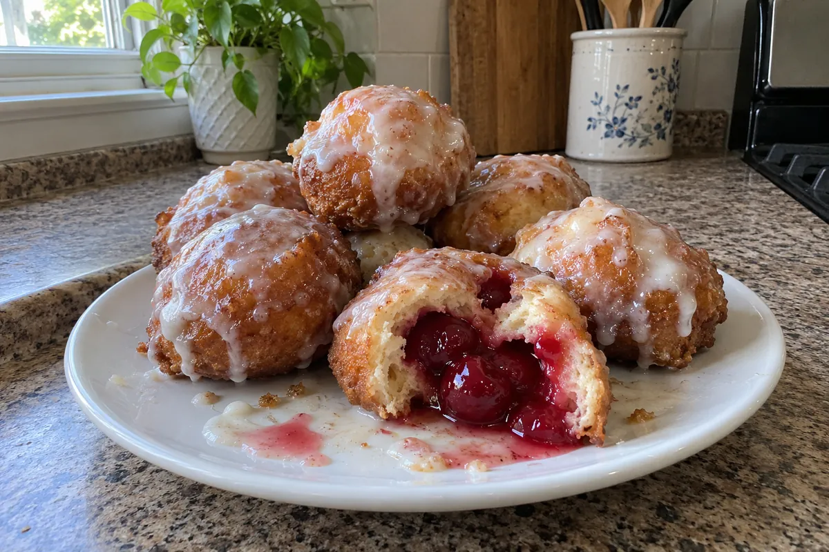 Pile of glazed cherry pie bombs on a plate with one broken open and cherry filling oozing