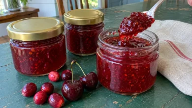 Cherry soda cranberry cherry jelly in small glass jars with a spoonful lifted, fresh cranberries and cherries