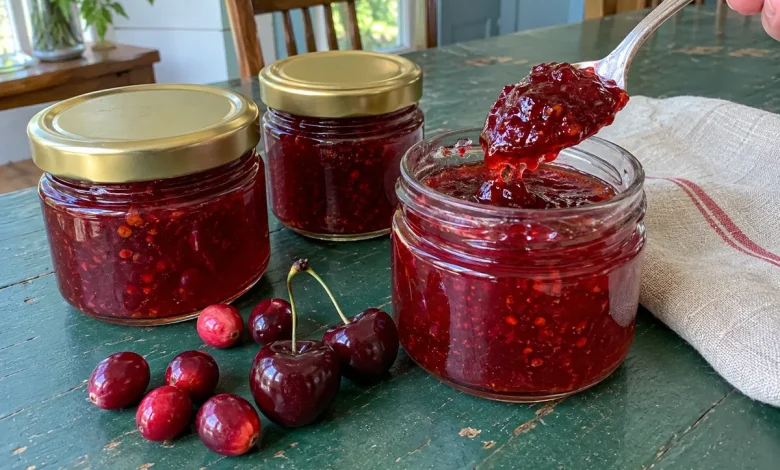 Cherry soda cranberry cherry jelly in small glass jars with a spoonful lifted, fresh cranberries and cherries