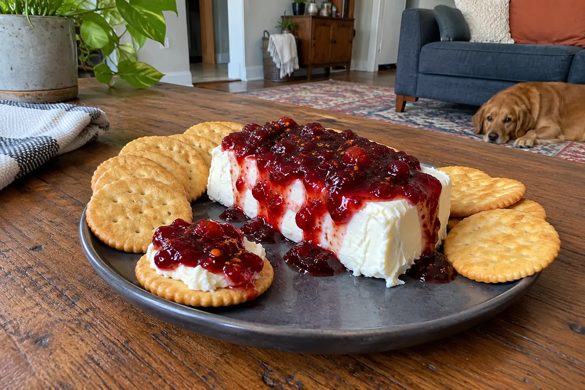 Cherry soda cranberry cherry jelly spooned over cream cheese with buttery crackers