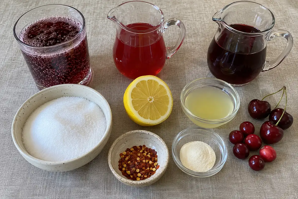 Ingredients for cherry soda cranberry cherry jelly: dark cherry soda, cranberry juice, tart cherry juice, sugar, lemon juice, red pepper flakes and powdered pectin