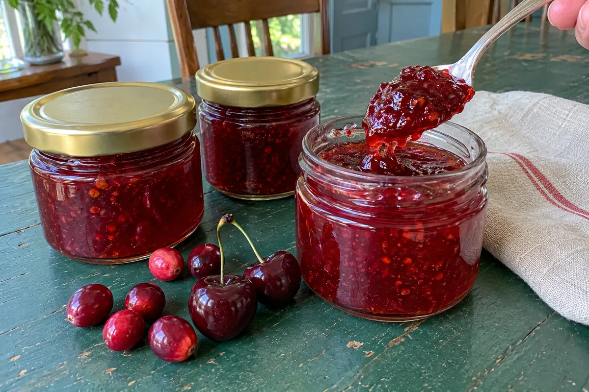 Cherry soda cranberry cherry jelly in small glass jars with a spoonful lifted, fresh cranberries and cherries