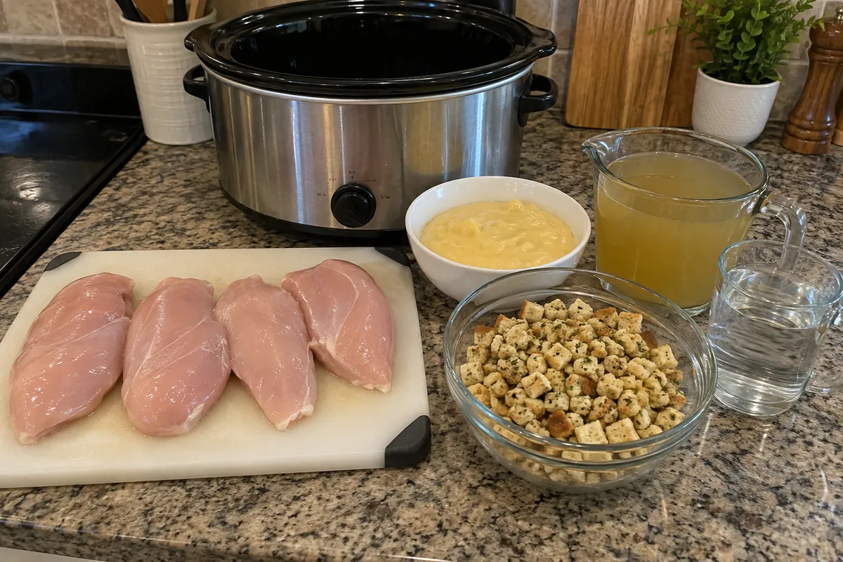 Ingredients for slow cooker chicken and stuffing with raw chicken breasts, soup, broth, dry stuffing cubes and water