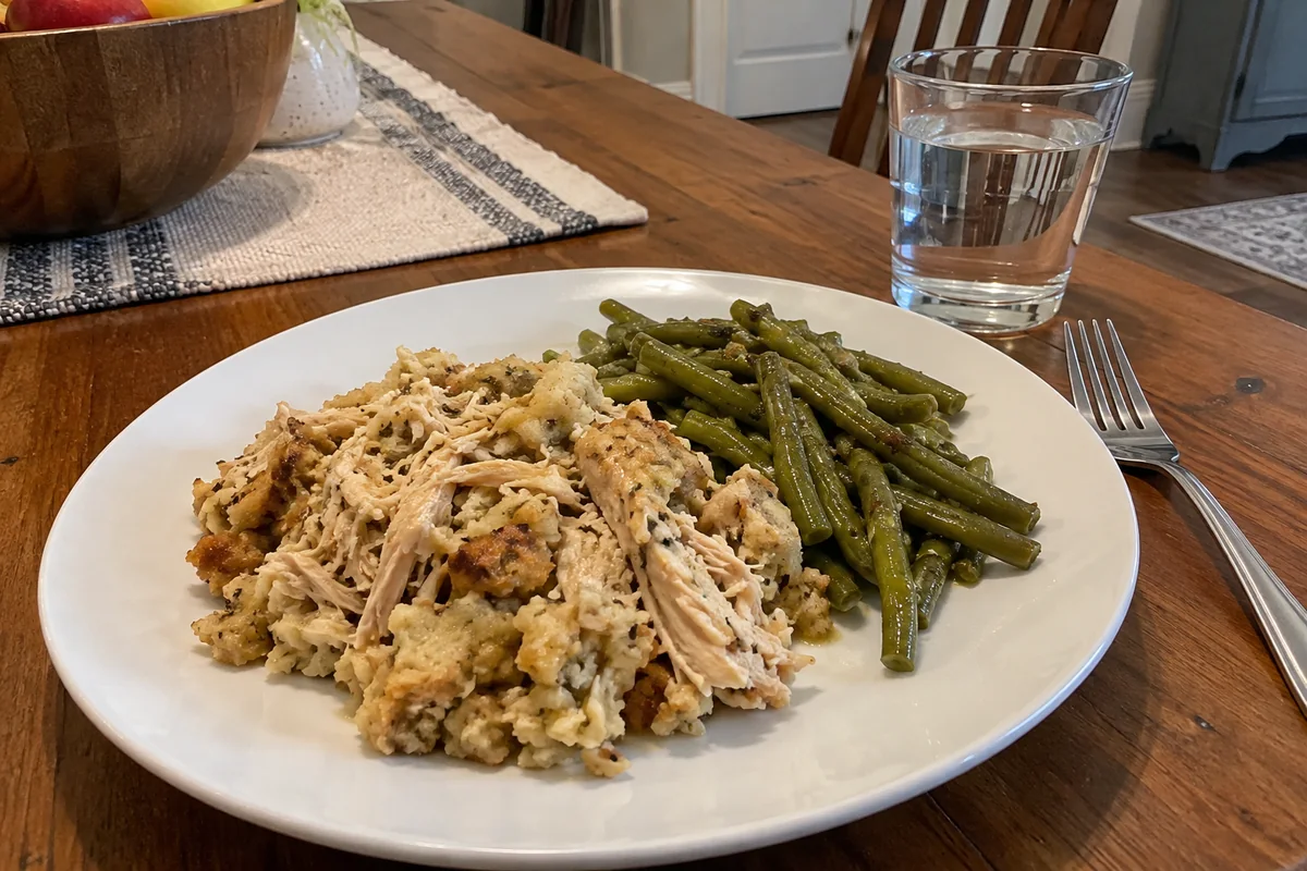 Plate of slow cooker chicken and stuffing with green beans on a home dinner table