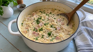 Chicken cordon bleu soup with shredded chicken, diced ham and melted Swiss in a creamy broth in a Dutch oven