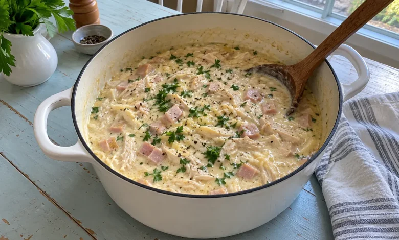 Chicken cordon bleu soup with shredded chicken, diced ham and melted Swiss in a creamy broth in a Dutch oven