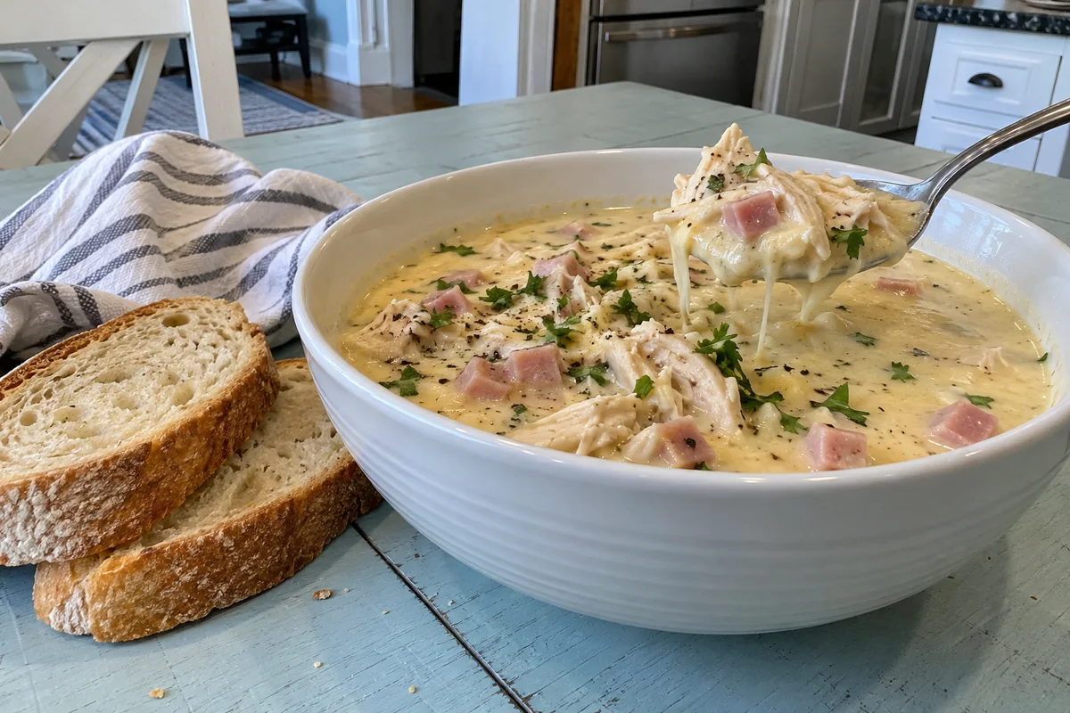 A bowl of creamy chicken cordon bleu soup garnished with parsley and served with crusty bread