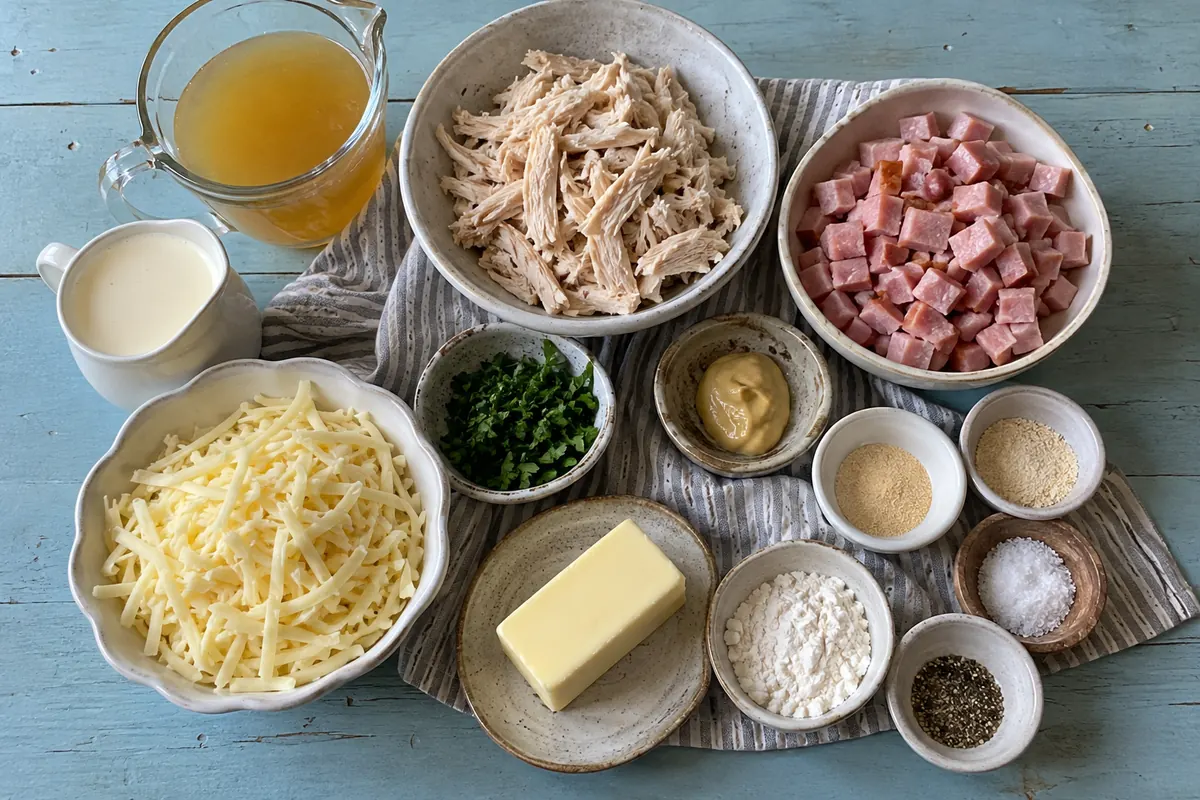 Ingredients for chicken cordon bleu soup: chicken broth, heavy cream, Dijon mustard, garlic powder, onion powder, chicken, ham, Swiss cheese and parsley