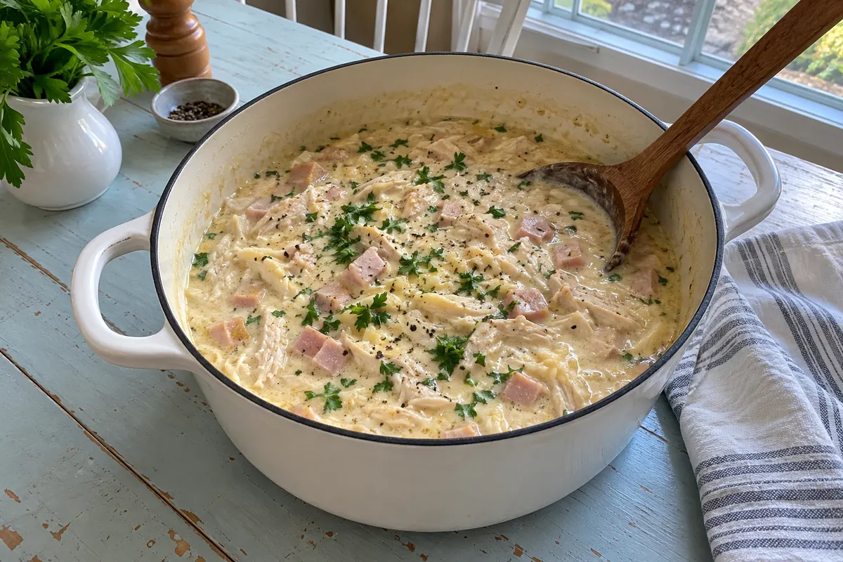 Chicken cordon bleu soup with shredded chicken, diced ham and melted Swiss in a creamy broth in a Dutch oven