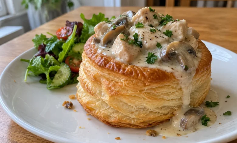 Tall golden chicken mushroom vol-au-vent on a white plate with creamy filling overflowing and parsley on top