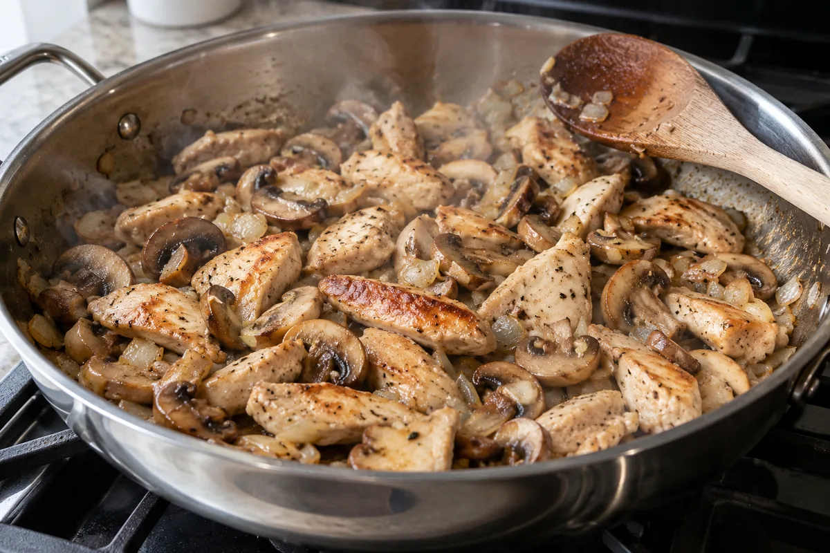 Sliced chicken and mushrooms searing in a stainless steel skillet