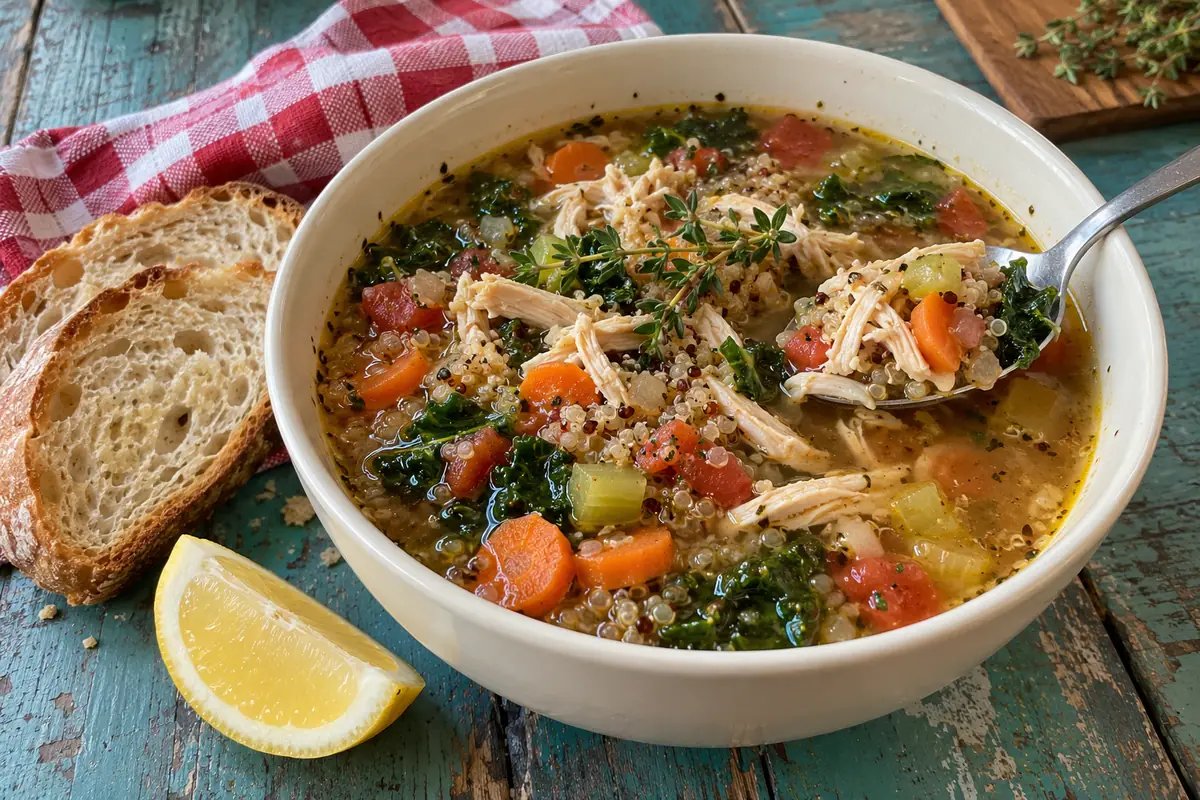 A bowl of chicken quinoa soup with vegetables and a spoon, served with crusty bread