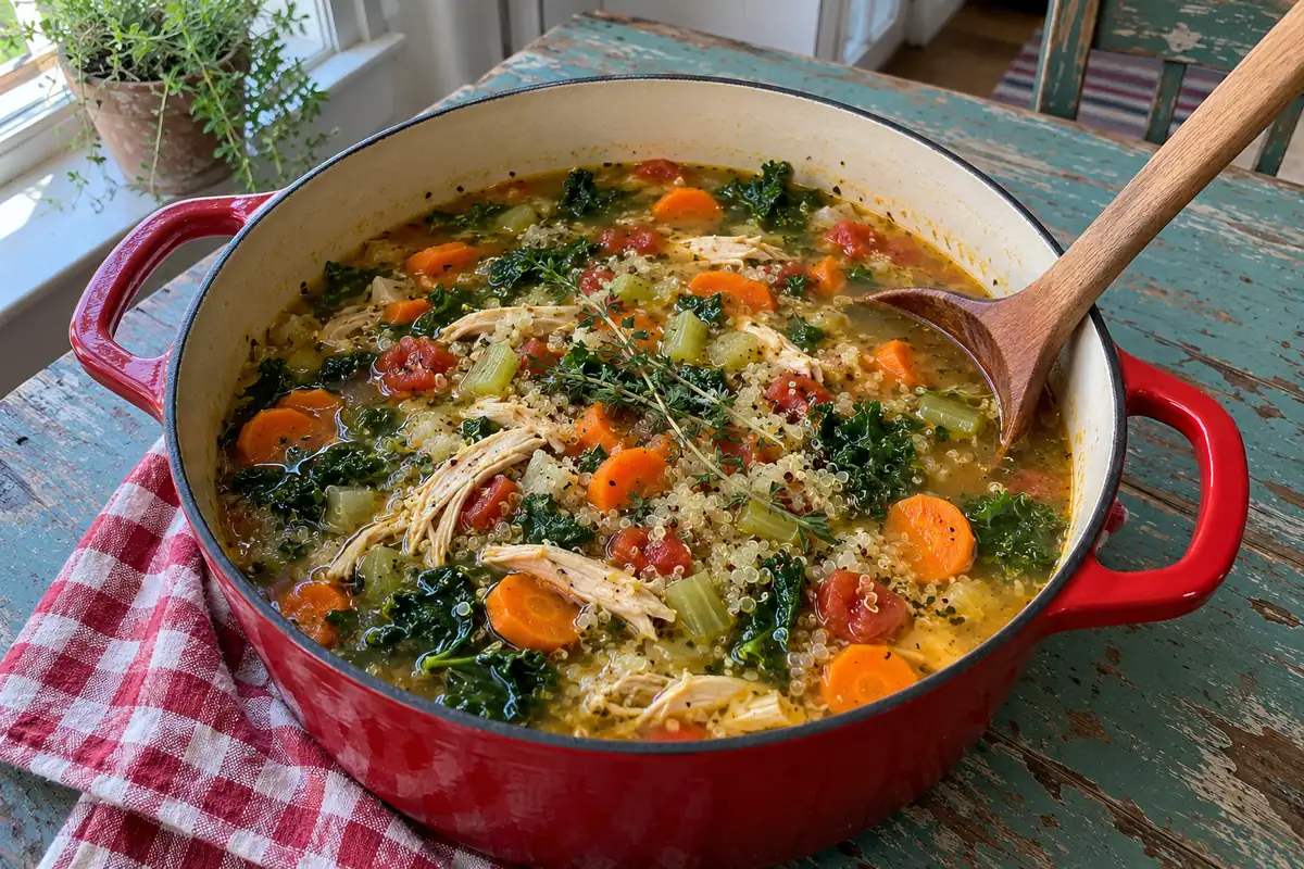 A pot of cozy chicken quinoa soup with shredded chicken, carrots, celery, tomatoes, kale and fresh thyme