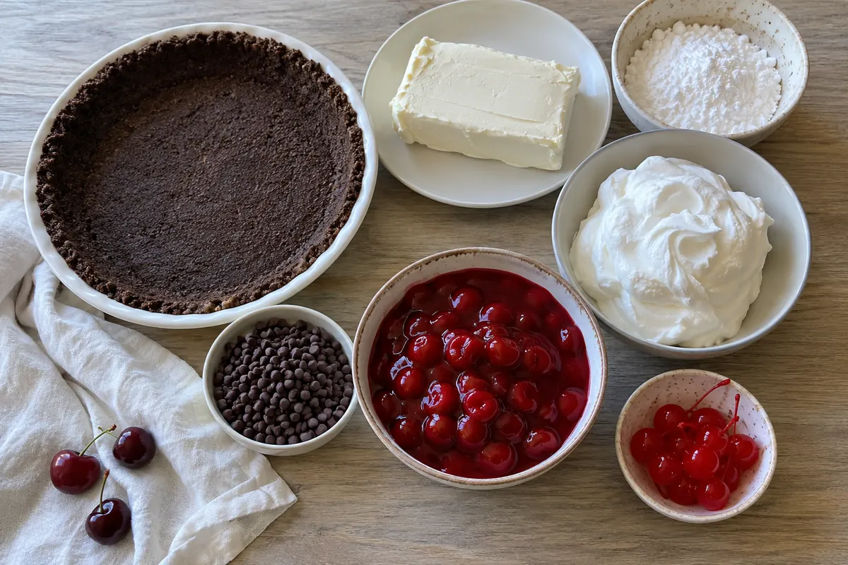 Ingredients for chocolate cherry pie: chocolate cookie crust, cream cheese, powdered sugar, whipped topping, mini chocolate chips and cherry pie filling