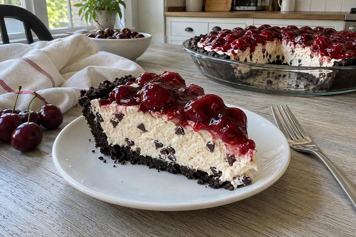 A slice of chocolate cherry pie showing the creamy chocolate chip filling and cookie crust