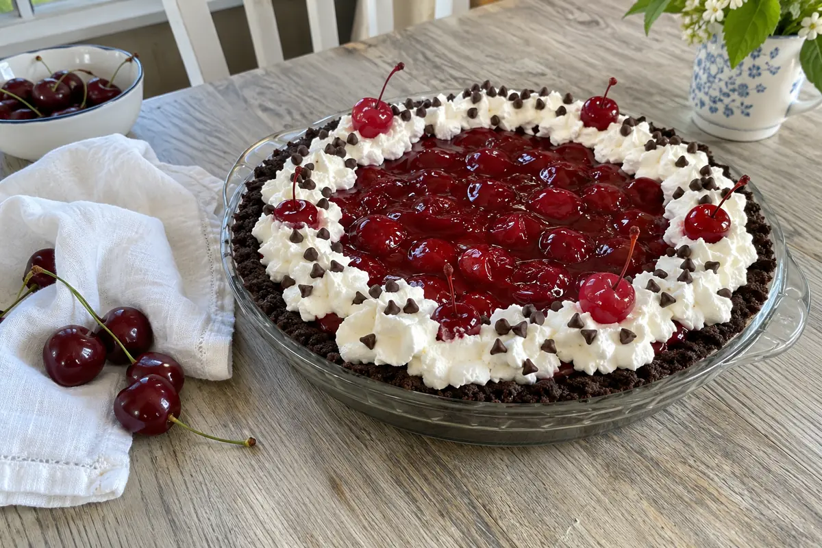 No-bake chocolate cherry pie with cherry topping, whipped topping and mini chocolate chips