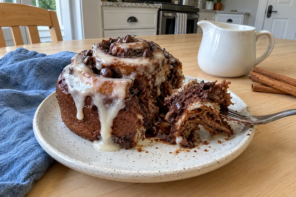 Close-up of a soft chocolate cinnamon roll pulled apart to show the gooey chocolate cinnamon swirl