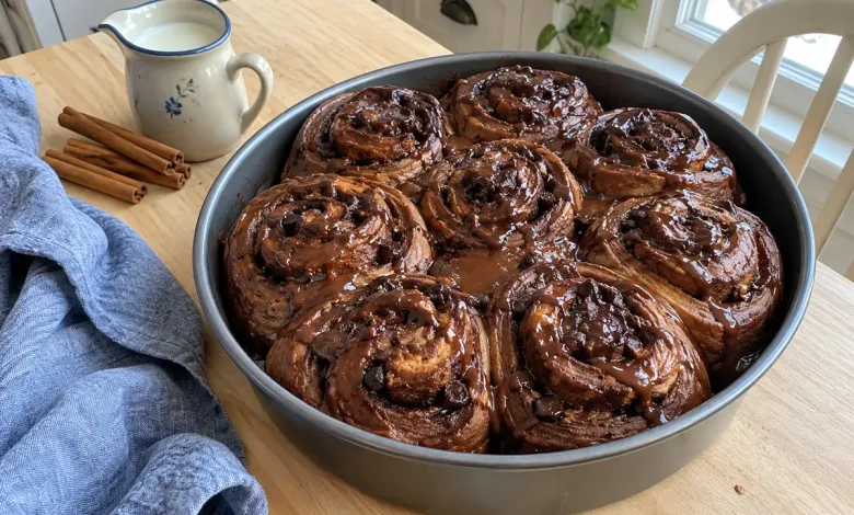 Chocolate cinnamon rolls with chocolate glaze in a round baking pan
