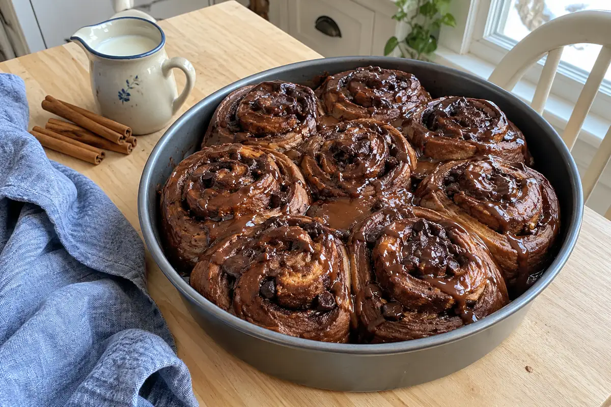 Chocolate cinnamon rolls with chocolate glaze in a round baking pan