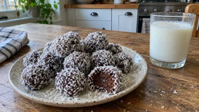 Speckled plate piled with no-bake chocolate malt coconut balls, one bitten to show a fudgy chocolate center, with a glass of milk