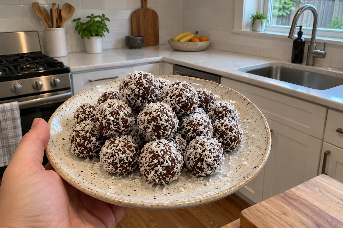 Hand holding a plate of chocolate malt coconut balls rolled in white desiccated coconut