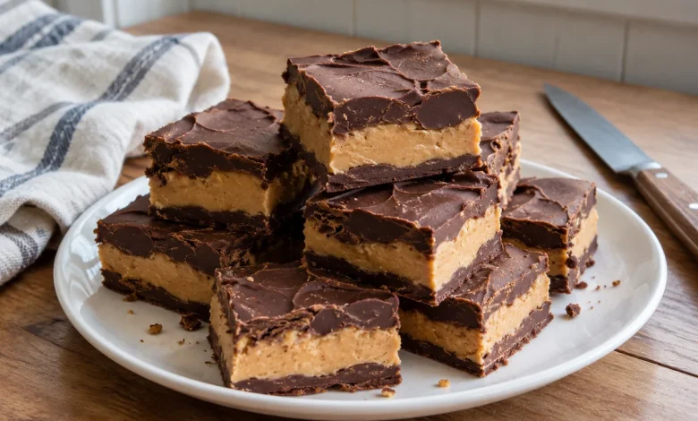 White plate piled with chocolate peanut butter fudge squares showing the thick peanut butter middle layer on a kitchen table