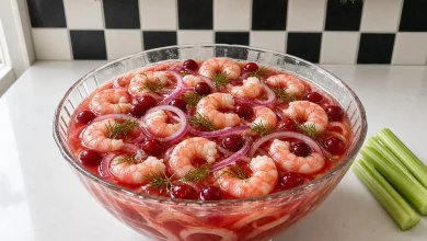 Christmas bloody mary pickled shrimp in a glass bowl with red onion and cranberries in a festive kitchen