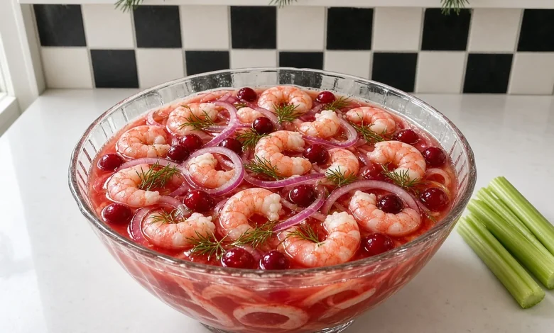 Christmas bloody mary pickled shrimp in a glass bowl with red onion and cranberries in a festive kitchen