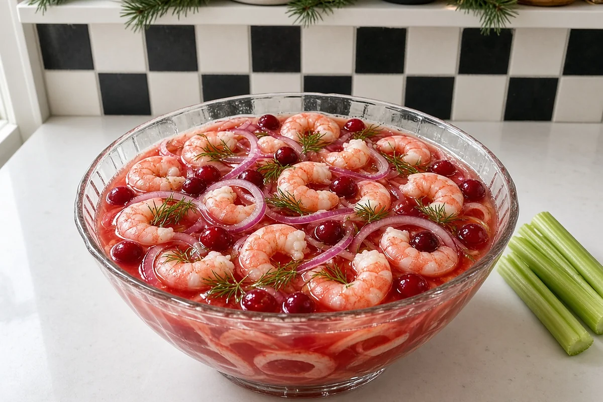 Christmas bloody mary pickled shrimp in a glass bowl with red onion and cranberries in a festive kitchen