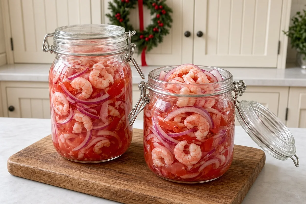 Two glass jars of bloody mary pickled shrimp with red onion on a counter by cream beadboard and a wreath