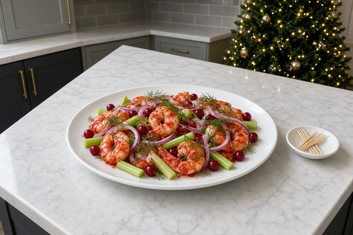 Bloody mary pickled shrimp on a white platter with celery, cranberries and dill beside a Christmas tree in a gray green kitchen