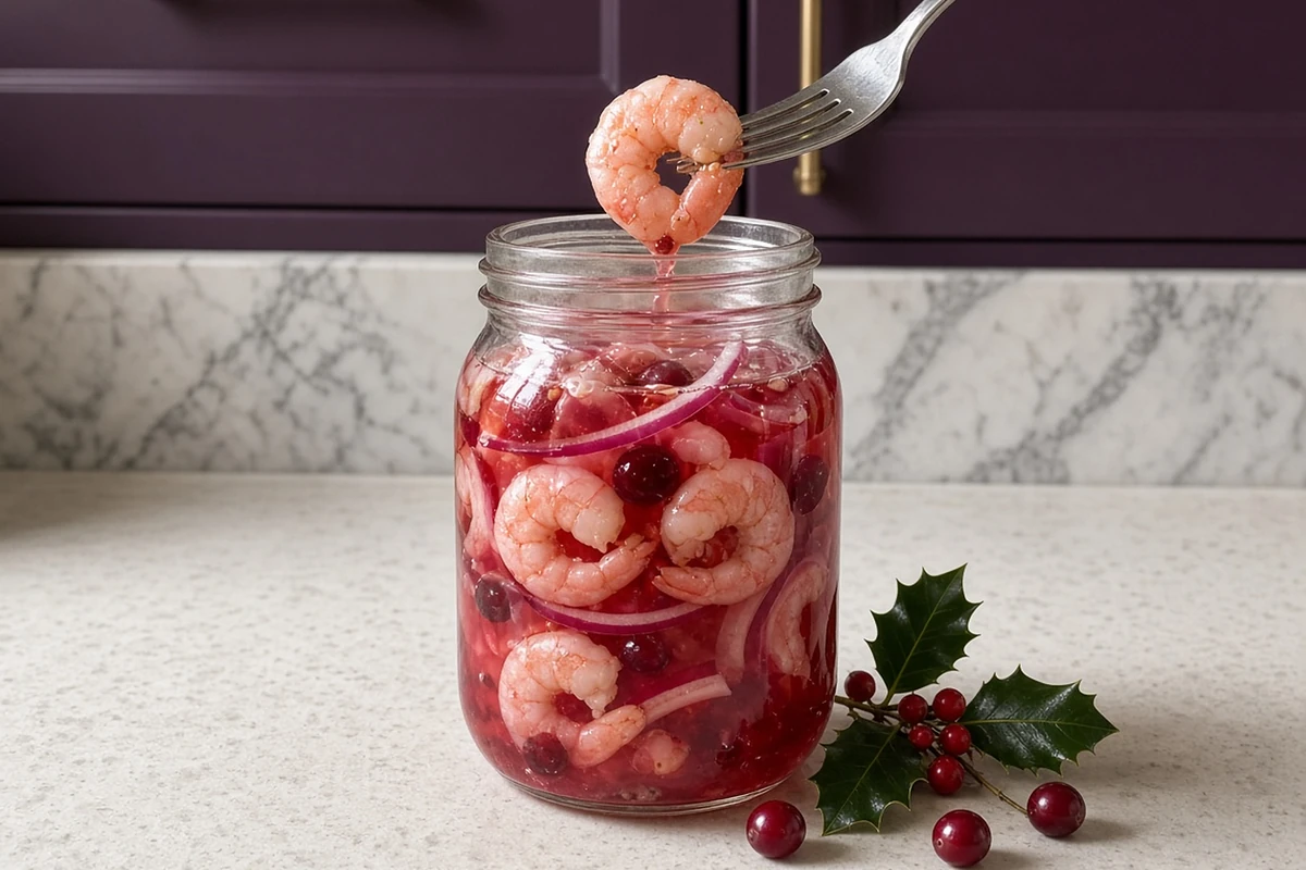 Fork lifting a pickled shrimp from a glass jar of tomato cranberry brine with holly in a plum cabinet kitchen