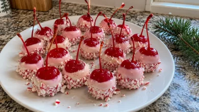 White plate of Christmas cherry bombs dipped in white chocolate with crushed peppermint bottoms and red tops showing