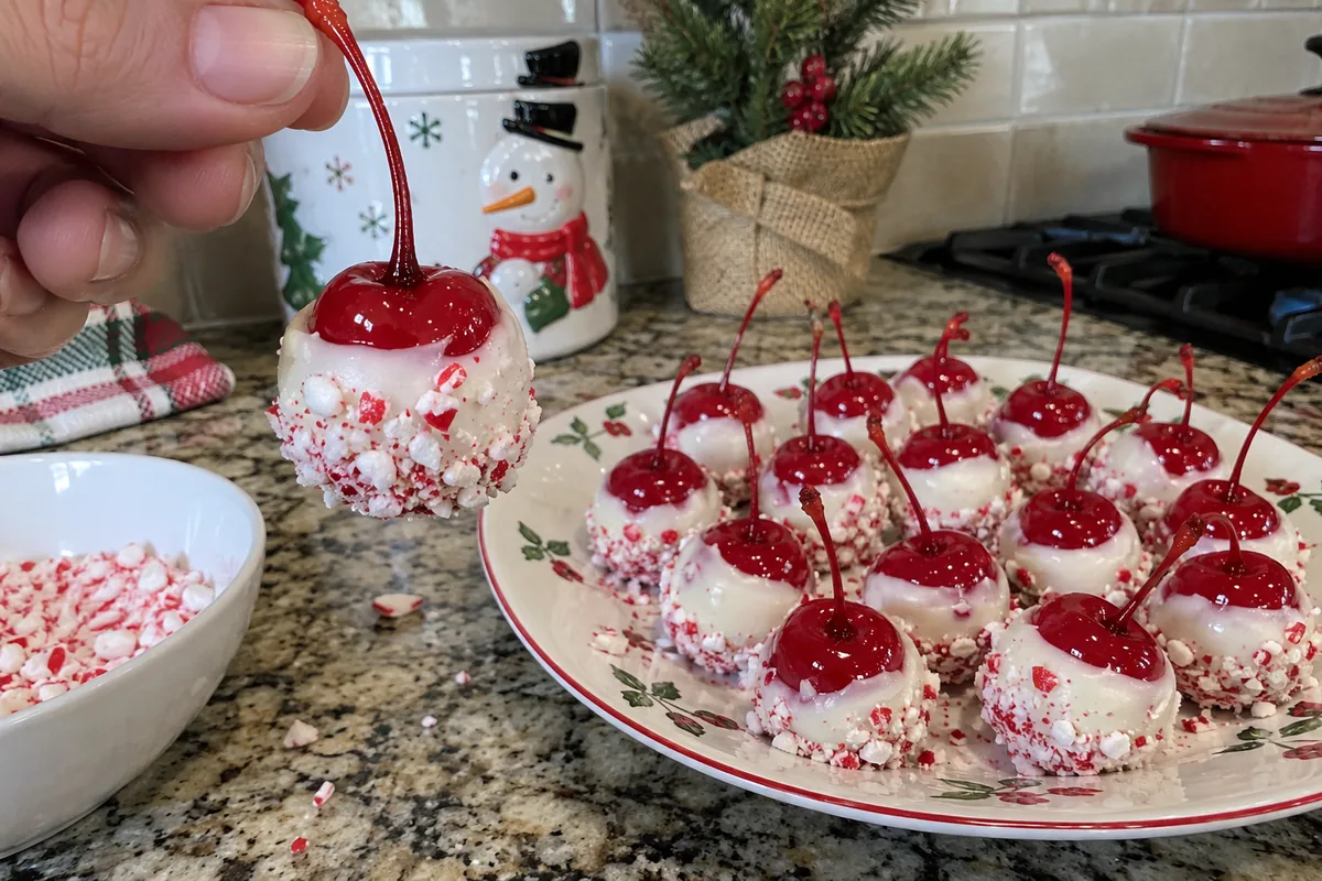 Hand holding a white chocolate and peppermint dipped maraschino cherry by its stem
