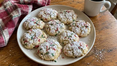 Christmas gooey butter cookies with crackly powdered sugar tops and red and green sprinkles on a cream ceramic plate