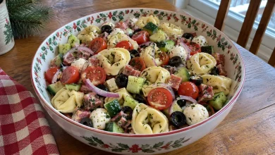 Christmas tortellini salad in a white bowl with a red holly-berry rim on a wooden table with a pine sprig and checked napkin