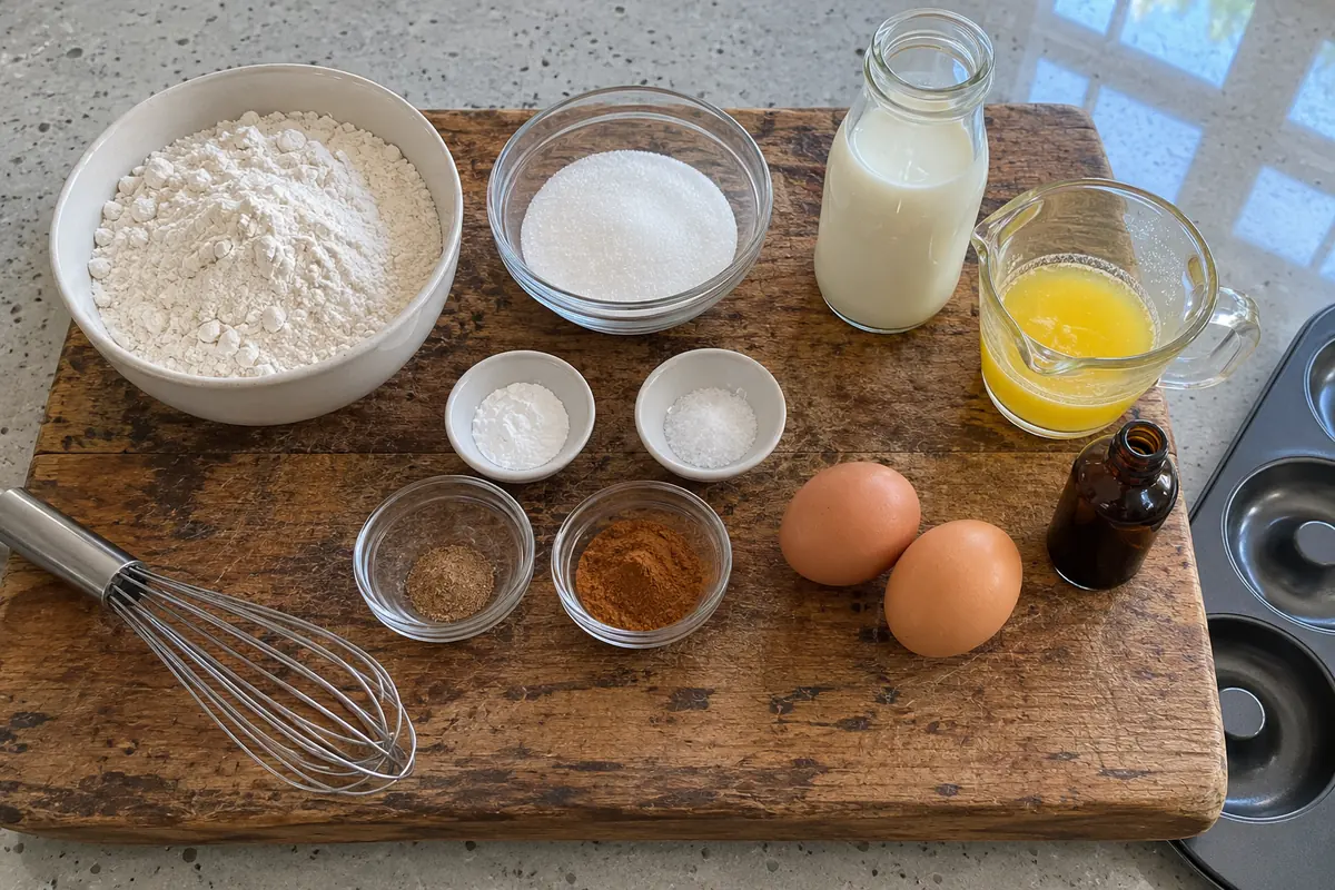 Ingredients for baked cinnamon sugar donuts: flour, sugar, baking powder, salt, nutmeg, cinnamon, eggs, buttermilk, melted butter and vanilla