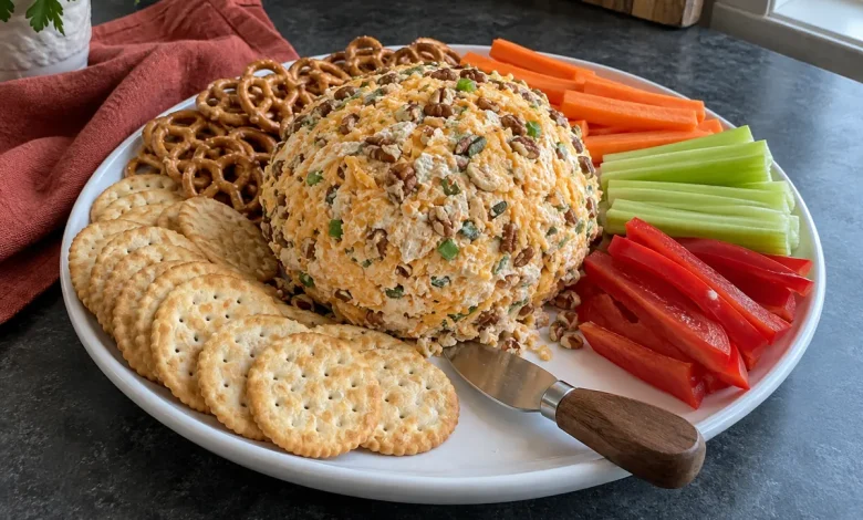 Classic cheese ball flecked with cheddar, green onions and pecans on a serving board with crackers, pretzels and vegetables