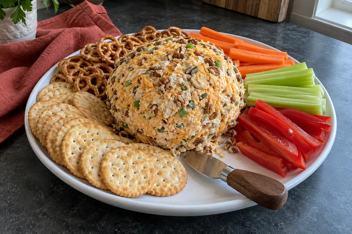 Classic cheese ball flecked with cheddar, green onions and pecans on a serving board with crackers, pretzels and vegetables
