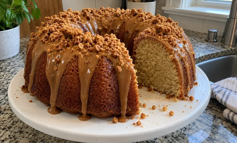 Cookie butter pound cake on a white cake stand with caramel-colored glaze dripping down, crushed spiced cookies on top and one slice cut out