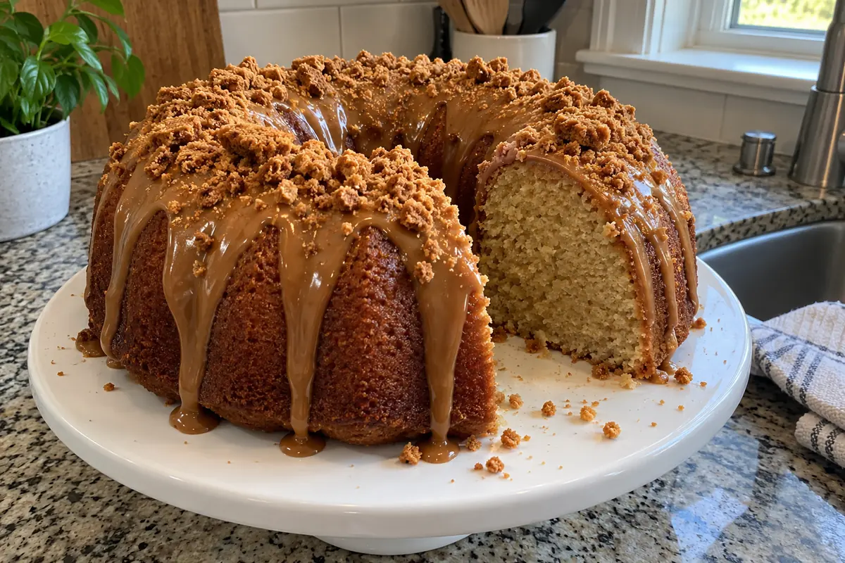 Cookie butter pound cake on a white cake stand with caramel-colored glaze dripping down, crushed spiced cookies on top and one slice cut out