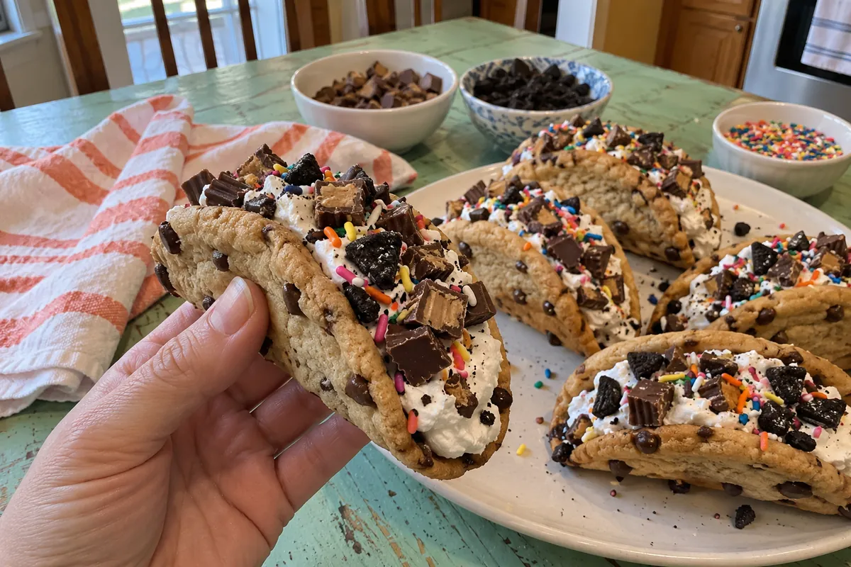 Close-up of a chocolate chip cookie taco piped with whipped cream and chopped peanut butter cups