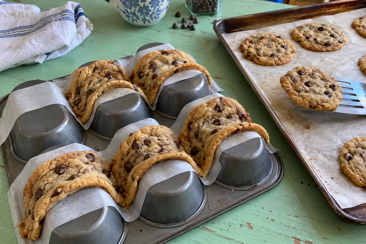 Shaping warm chocolate chip cookies into taco shells over an upside-down muffin pan