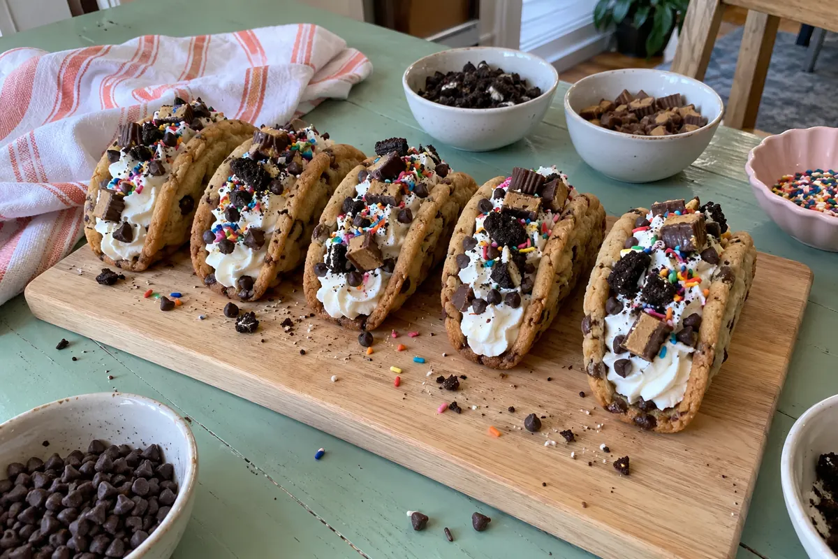 Cookie tacos filled with whipped cream and topped with chocolate chips, cookie crumbs and sprinkles