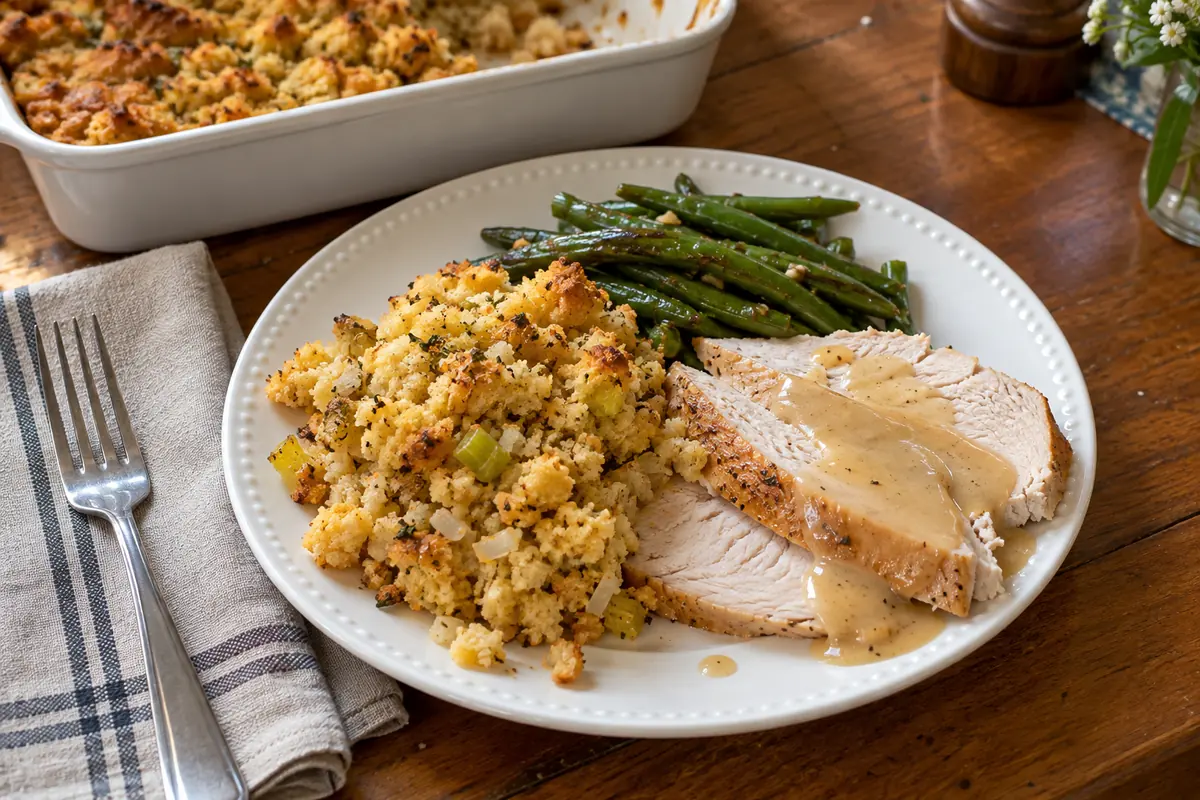Plate of old fashioned cornbread dressing served next to sliced roast turkey