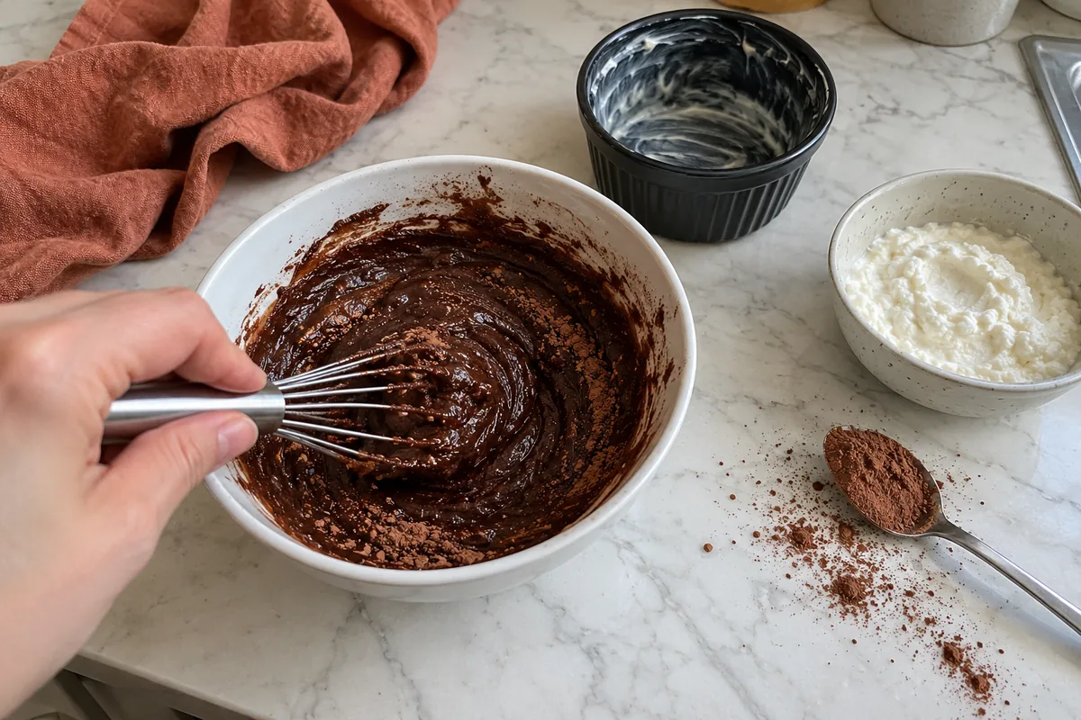 Whisking cottage cheese brownie batter in a small bowl