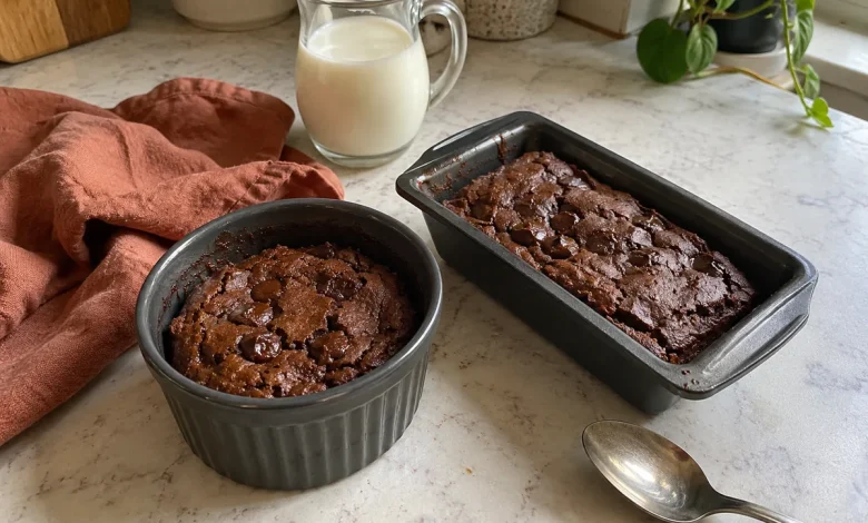 Cottage cheese brownie for one in a small dark ceramic ramekin and a mini loaf pan on a cream marble-look counter