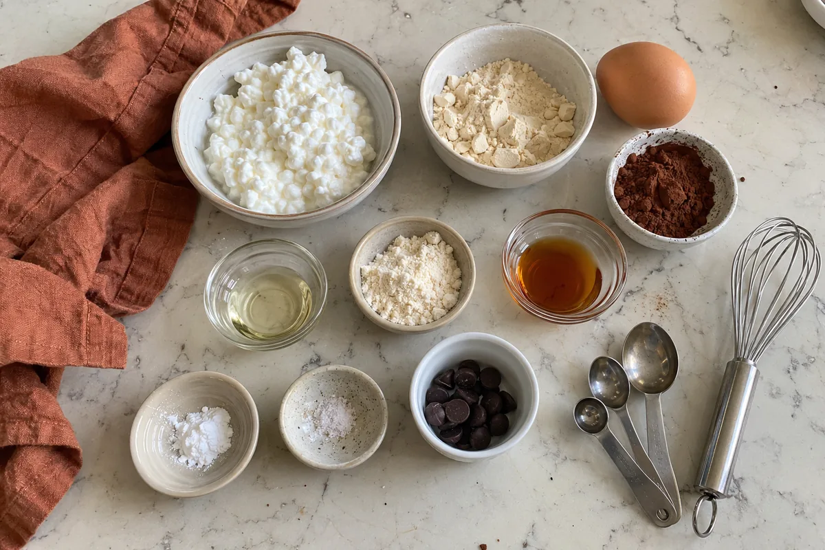 Ingredients for cottage cheese brownie for one: cottage cheese, protein powder, egg, cocoa powder, coconut oil, coconut flour, maple syrup, baking powder and chocolate chips